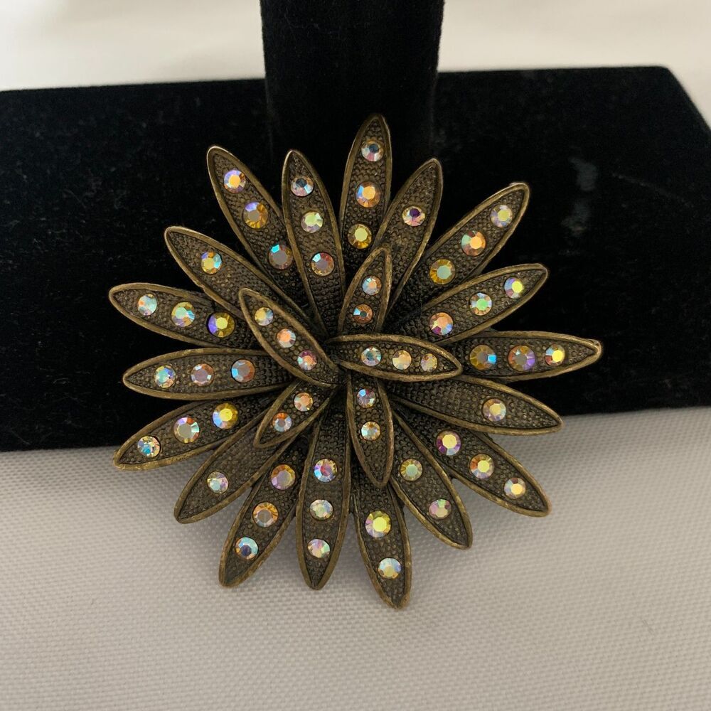 Vintage Sea Urchin Brooch N1,1980's Gold Iridescence Color Rhinestone Brooch - Picture 7 of 13